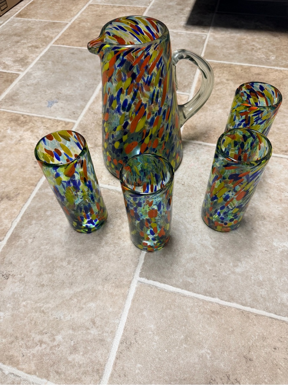 Handblown Multicolor Glass Pitcher and Tumbler Set - Artistic Home Accent